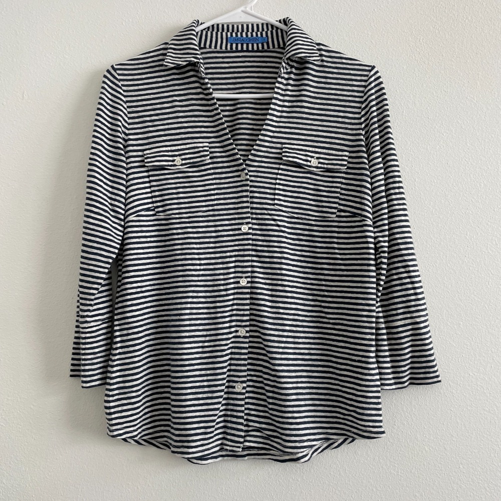 J Mclaughlin Linen Top Women S Blue Striped Pocket Shirt  Classic Casual Coastal